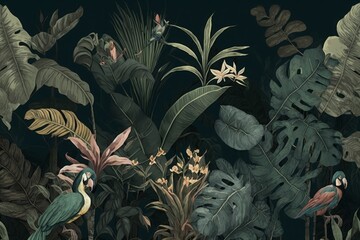 wallpaper palm tropical forest vintage jungle pattern with birds dark mood, Generative AI
