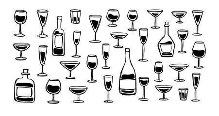 A large set of wine glasses and bottles in doodle style. Black and white vector illustration on white background
