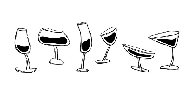 A set of wine glasses and bottles in doodle style. Black and white vector illustration on white background