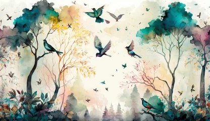 Foto op Plexiglas Grunge vlinders watercolor painting digital art high quality, of a forest landscape with birds, butterflies and trees, in colors consistent style, Generative AI
