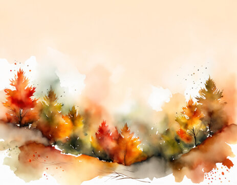 秋の紅葉に燃える森林をイメージした水彩イラスト  A watercolor illustration of a forest ablaze with autumn leaves.
