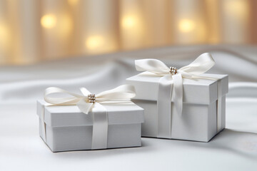 Obraz na płótnie Canvas Closeup of two white gift boxes