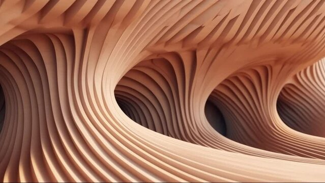 Abstract of wooden pattern, twisted shape, architecture details, Perspective of future building design, Parametric wall. 3D animation.