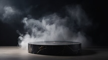 Empty black marble table podium in dark room with smoke. Black marble podium for product mockup. - obrazy, fototapety, plakaty