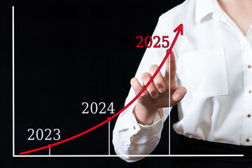 A businessman points his hand on an arrow chart with high growth rates in 2025 versus 2024 and 2023. Financial, sales profit
