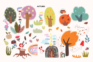 Collection cartoon plants and trees, autumn illustrations Kids pattern. Vector illustration, Doodle