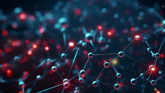 Abstract spheres molecular structure neural network. Blockchain and artificial intelligence concept. 3d animation.