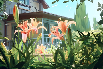 flower garden in front of the house Made with Generative AI