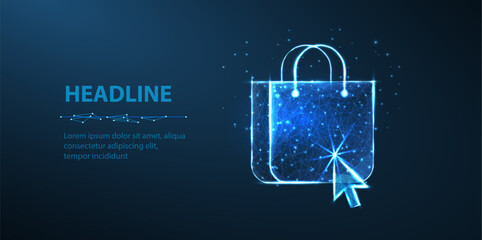 Online shoping concept. Digital bag and pointer on blue. Online shop, digital commerce