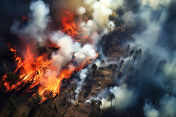 Fototapeta na wymiar very powerful forest fire, burning and deciduous coniferous fore