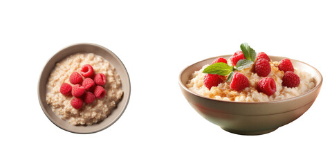 transparent background showcases delicious oatmeal topped with raspberries and apple