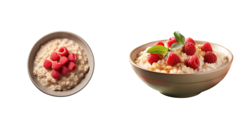 transparent background showcases delicious oatmeal topped with raspberries and apple