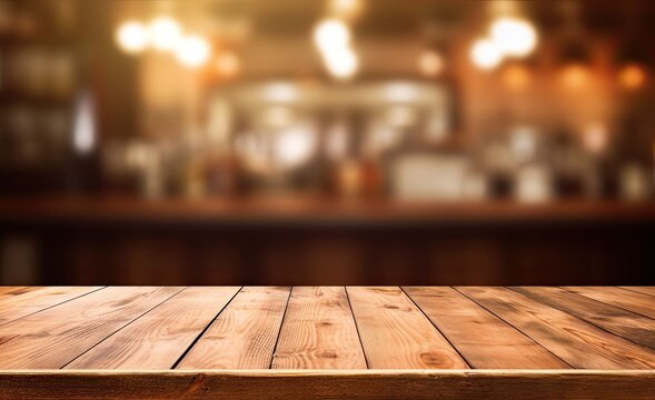 Vintage vibes. Empty wooden table in city. Night time book. Retro restaurant setting. Darkwood dreams. Modern cafe