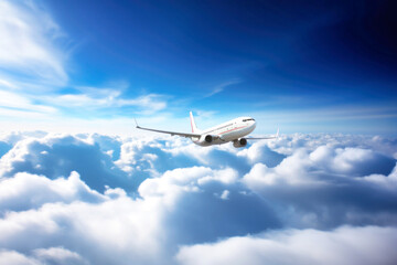 jet passenger plane flies over the clouds on a sunny day