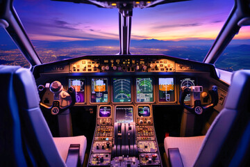 Fototapeta premium the cockpit of a modern aircraft is a view of the dashboard, the plane is in flight, clouds and dawn are outside the window