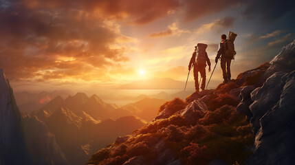 hiker friends to reach the top of the mountain in sunrise Golden hour background - Fictional Character - Generative Ai
