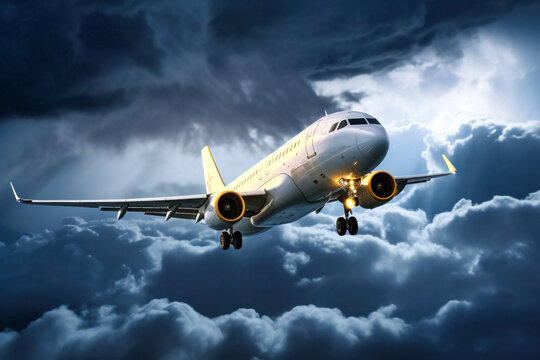 passenger jet plane flying through powerful cumulus clouds, night cloudy landscape, landing gear released, landing