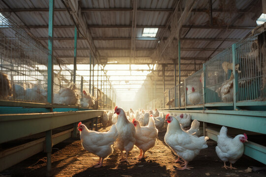 a large poultry farm, a lot of chickens walking around the poultry house