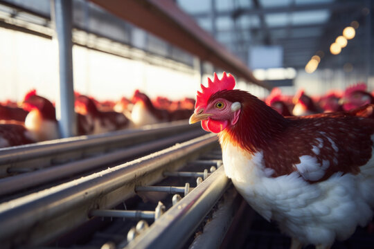long big poultry house chickens sit in rows