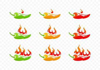 Chili pepper with fire flame for heat pepper scale from low to high logo design. Hot fire chili, spicy pepper heat scale rating vector design - obrazy, fototapety, plakaty