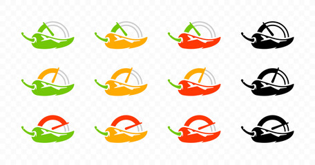 Chili pepper with gauges for heat pepper scale from low to high logo design. Spicy chili pepper with heat pepper scale rating meter vector design