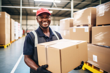 Photo of a man holding a box in a warehouse