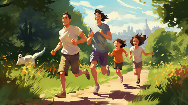 A happy family running or jogging in park vector illustration - Fictional characters - Generative Ai 