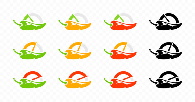 Chili pepper with gauges for heat pepper scale from low to high logo design. Spicy chili pepper with heat pepper scale rating meter vector design