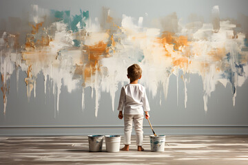 Child artist or painter. A boy stands back turned looking at the painting on wall. floor has paintbrushes, paint buckets. Future dream job for kid. Learn is creative, imagine, inspiration. Copy space.