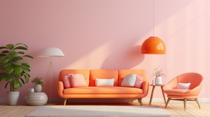 Fototapeta na wymiar Stylish minimalist interior of modern cozy living room in orange and pink tones. Comfortable trendy couch and armchair, coffee table, houseplants, creative interior details. Mockup, 3D rendering.