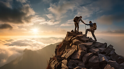 A hiker standing a top peak - helping a friend to reach - Two mans in top of the hills success gesture  - friends standing on the top of mountain  - Generative Ai
 - obrazy, fototapety, plakaty