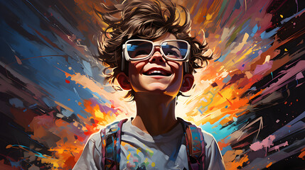 Fantasy watercolor or oil paint style image of a schoolboy carrying a bag and standing. Colorful explode splash color. The concept is starting point for learning creative, inspiration and imagination.