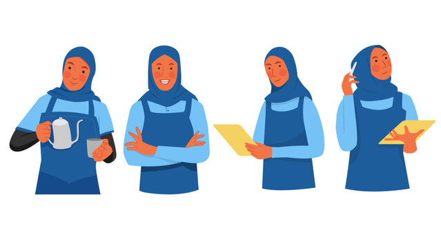 Entrepreneur Muslim women with different poses wearing aprons