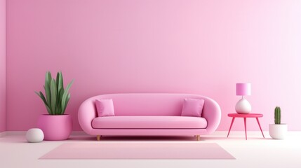 Stylish minimalist interior of modern cozy living room in pastel pink and purple tones. Trendy couch with cushions, coffee table, exotic plants, creative design details. Mockup, 3D rendering.