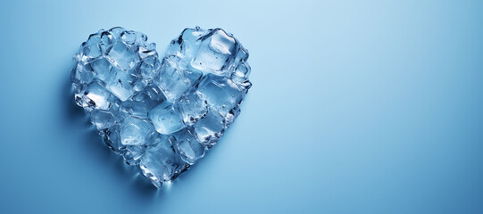 Group of melting heart shaped ice cubes placed on a light blue background in top view. Copy space. The concepts are heartbreak, calmness, cold hearted people, love, sadness and crying.
