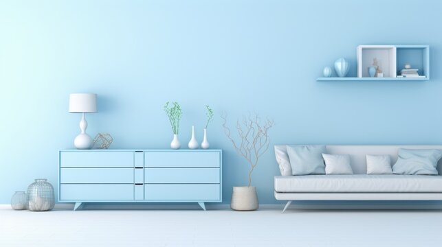 Stylish minimalist interior of modern cozy living room in white and pastel blue tones. Trendy couch with cushions, commode, table lamp, wall shelves, creative design details. Mockup, 3D rendering.