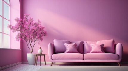 Stylish minimalist interior of modern cozy living room in pastel pink and purple tones. Trendy couch with cushions, coffee table, exotic plant, creative design details. Mockup, 3D rendering.