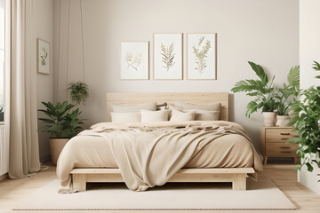 Cozy sustainable bedroom in natural colors with wooden cabinet furniture, stylish interior and...