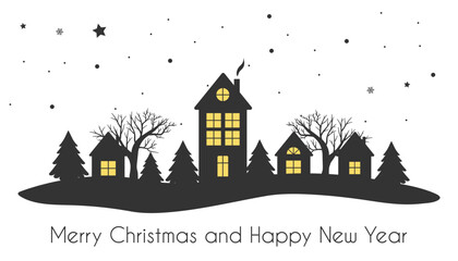 Winter village. Christmas background with houses, trees and snowfall. Black drawings on a white background.Merry Christmas and Happy New Year. Vector