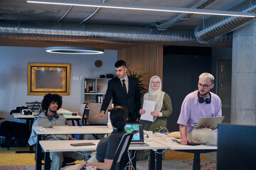 In a modern startup office, a diverse group of young professionals collaboratively tackles various business problems and challenges, surrounded by their engaged colleagues, fostering innovation and