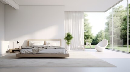 Fototapeta premium Interior of minimalist scandi style bedroom in luxury villa or hotel. White walls, large comfortable bed, armchair, floor-to-ceiling windows overlooking scenic summer landscape. Mockup, 3D rendering.