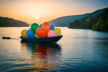 red green white and multi color ballons lying on the boat with sunrise 