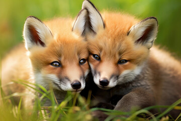 Naklejka na ściany i meble Wild red fox cubs next to each other on the green grass