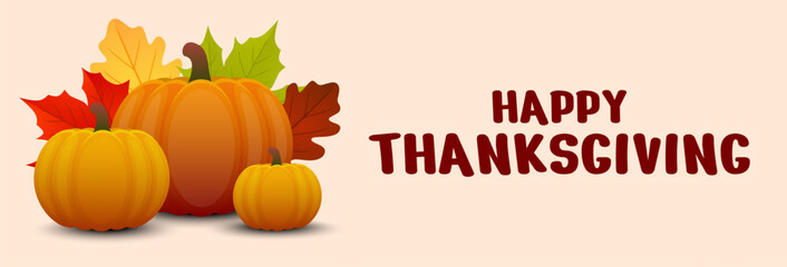 Happy Thanksgiving day banner. Holiday background design with autumn leaves and pumpkin. Vector illustration