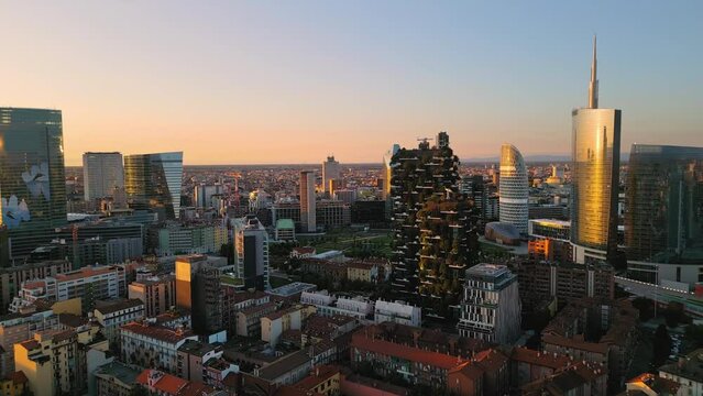 aerial view drone of milan business city district at sunrise,urban financial area with high buildings porta nuova at dawn