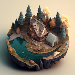The circle isometric render of house views with beautifull garden and big scenery created with AI generated