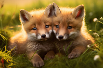 Naklejka na ściany i meble Wild red fox cubs next to each other on the green grass