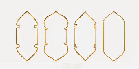 Islamic or arabic gold frames, windows 3d render icon set. Golden geometric shapes in oriental style, architecture borders, design elements for muslim holidays isolated on background. 3D illustration