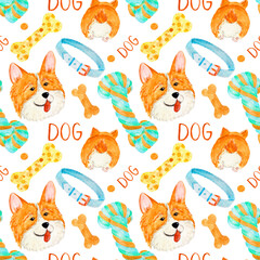 Watercolor pattern with dogs toys, accessory, corgi portrait on white background. For various products, wrapping, etc.