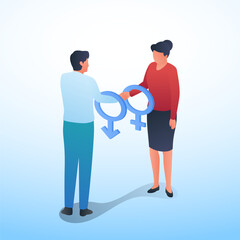 men and women shake hands between two gender symbols, a metaphor for gender equality